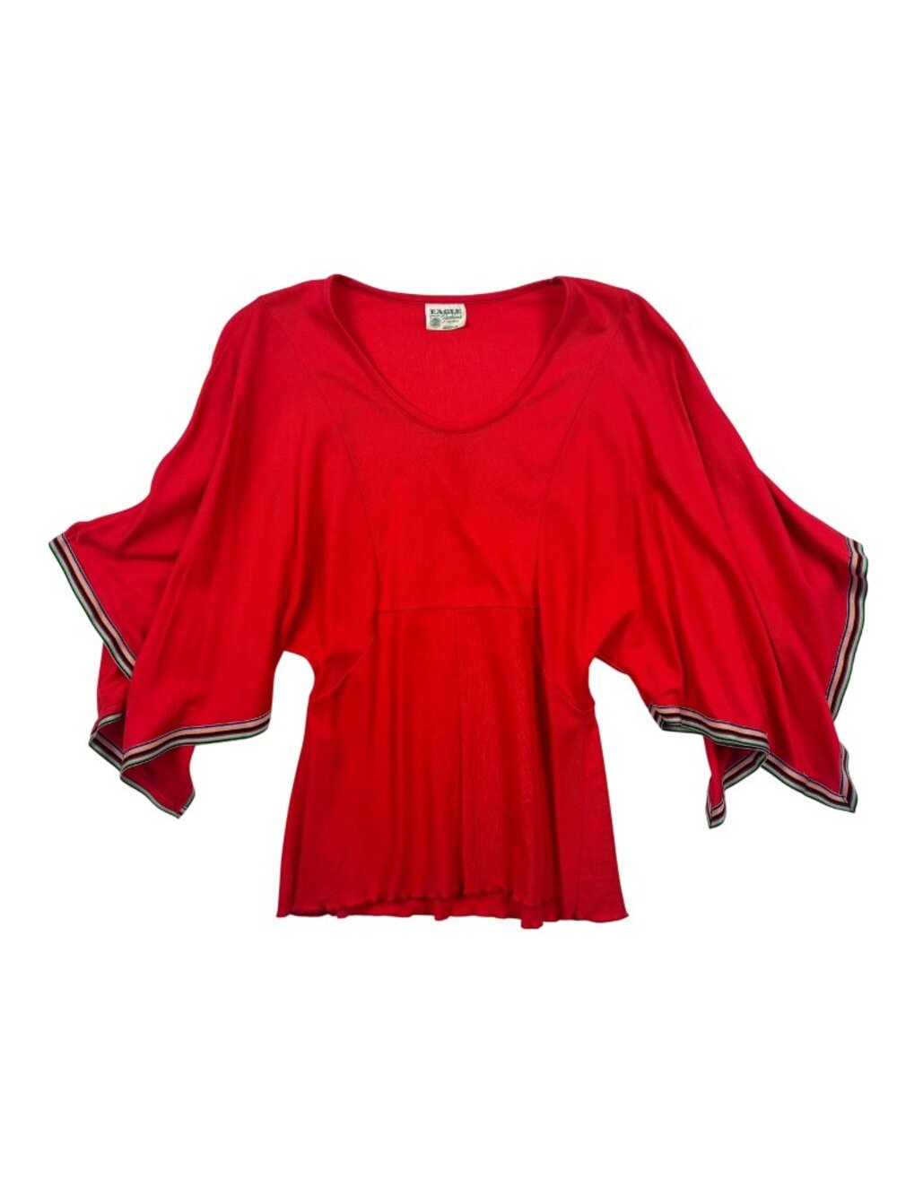VTG 70's Red Eagle Fashions S M Womens Flutter Sleeve Blouse With Striped Trim